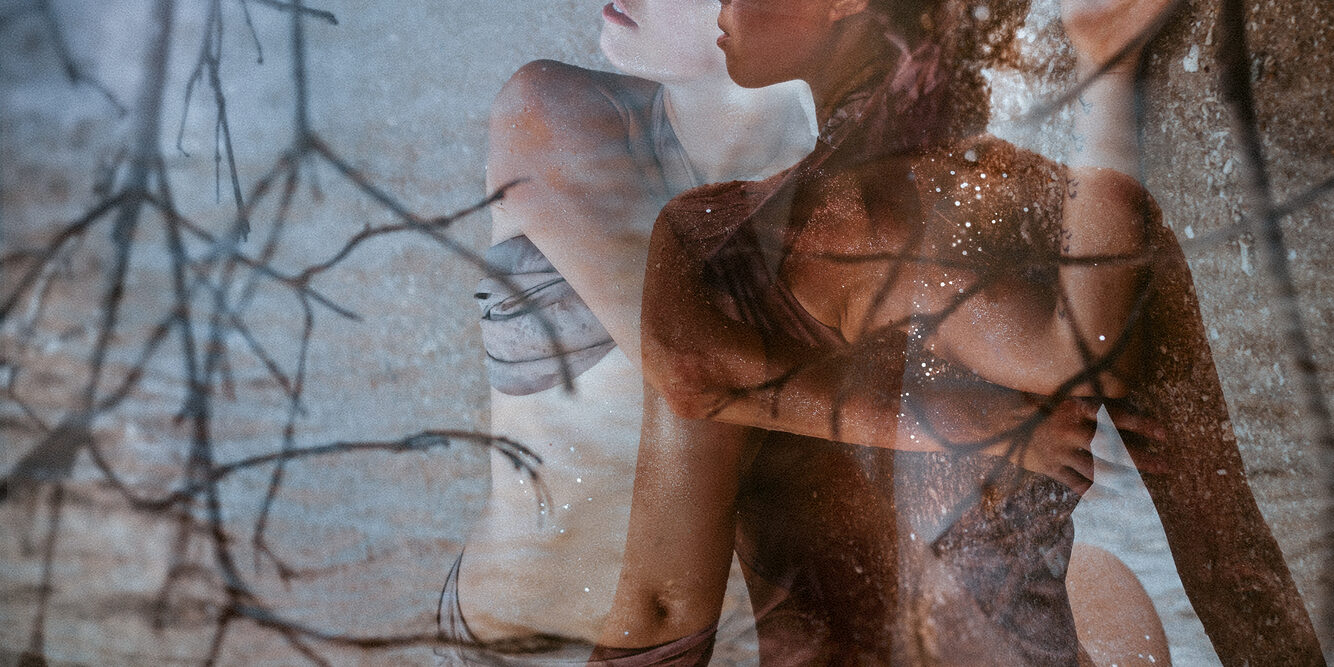 beautiful young woman covered with fabric and blindfolded. double exposure concept